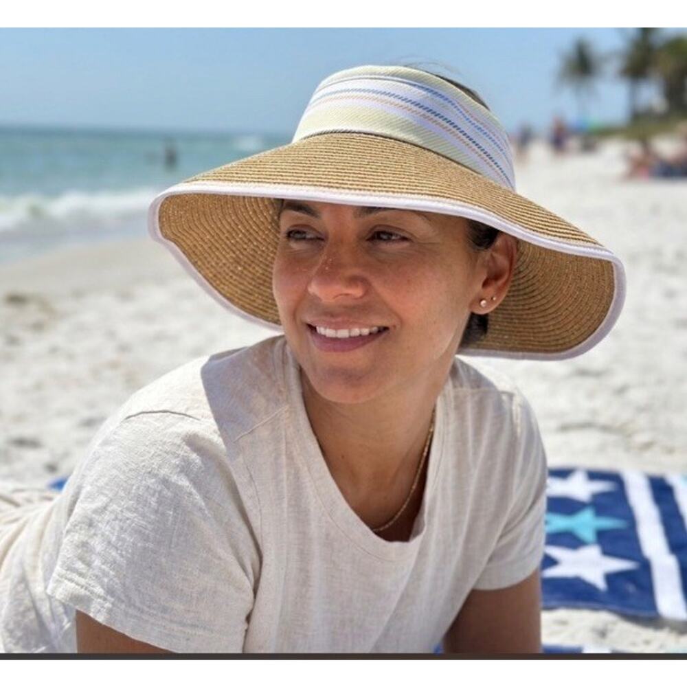 TAHARI Wide Brim Roll Up Sun Hat Packable Paper Blend OS Multi White Trim, EUC